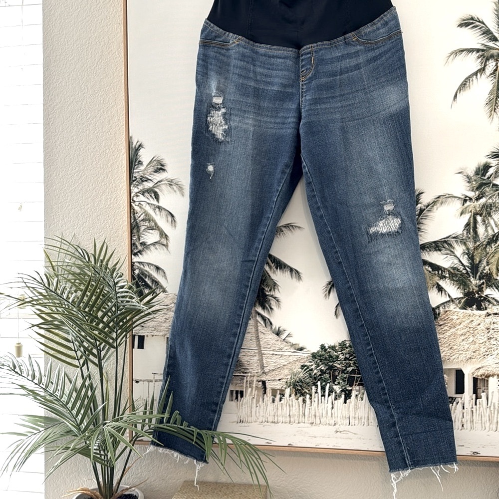Isabel Maternity Distressed Denim Jegging Jeans Medium Wash Crossover Panel